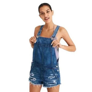 American Eagle AE Shortalls Ripped Distressed Bib Overalls Jeans Blue Size Small